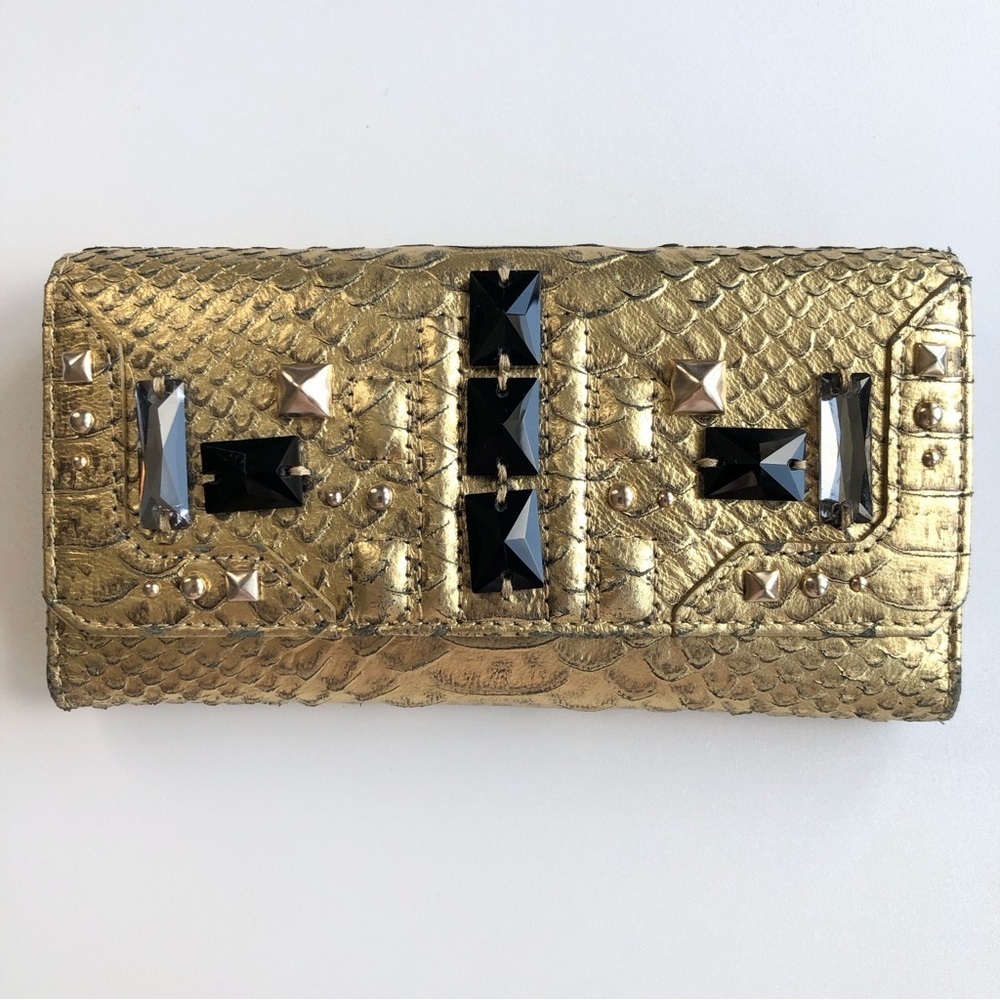 Vintage Juicy Couture Gold Metallic Leather Black Crystals Silver Stud Wallet